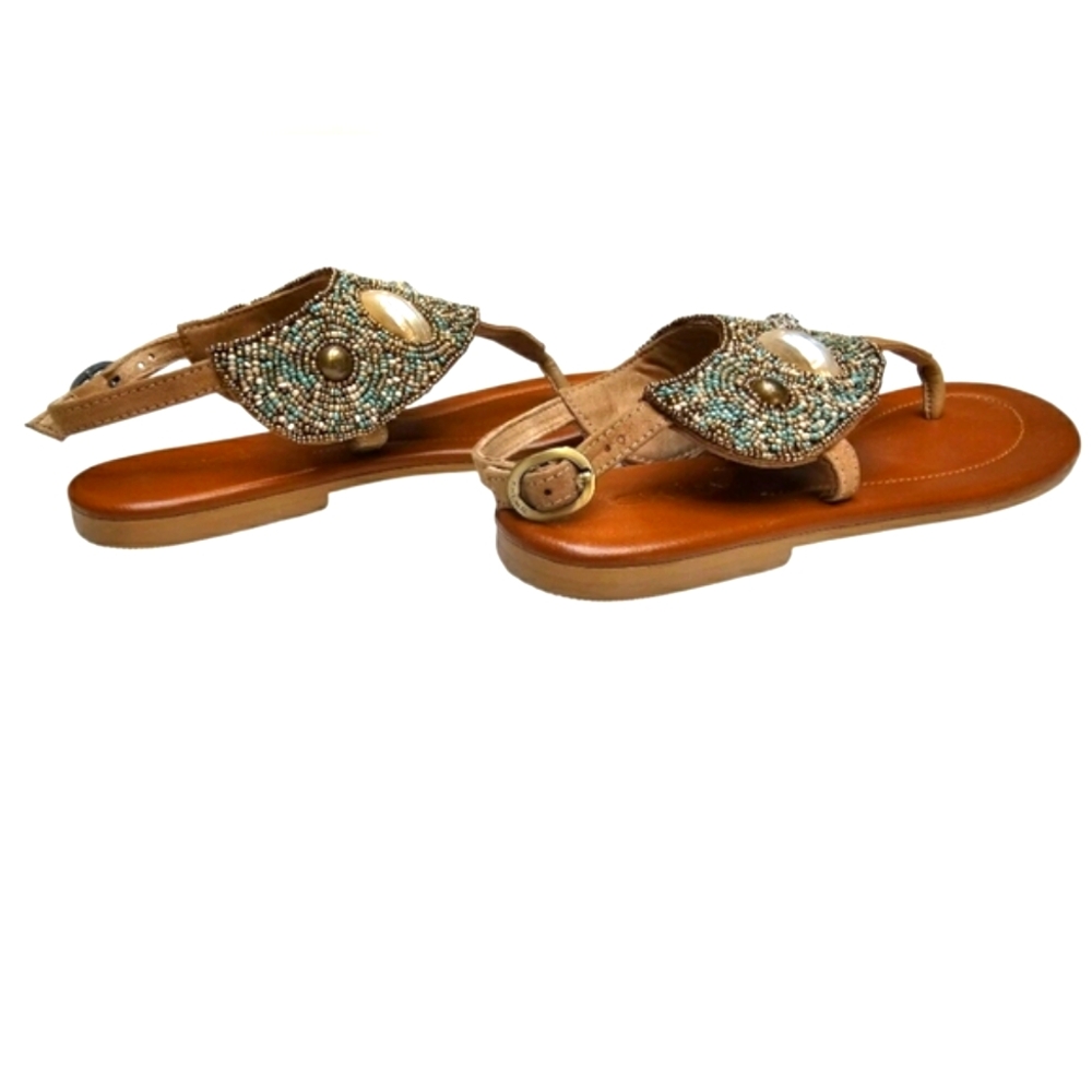 Skemo Luxury Bead Embroidered Tan Turquoise Ankle Strap Sandals Shell Details - Picture 10 of 13